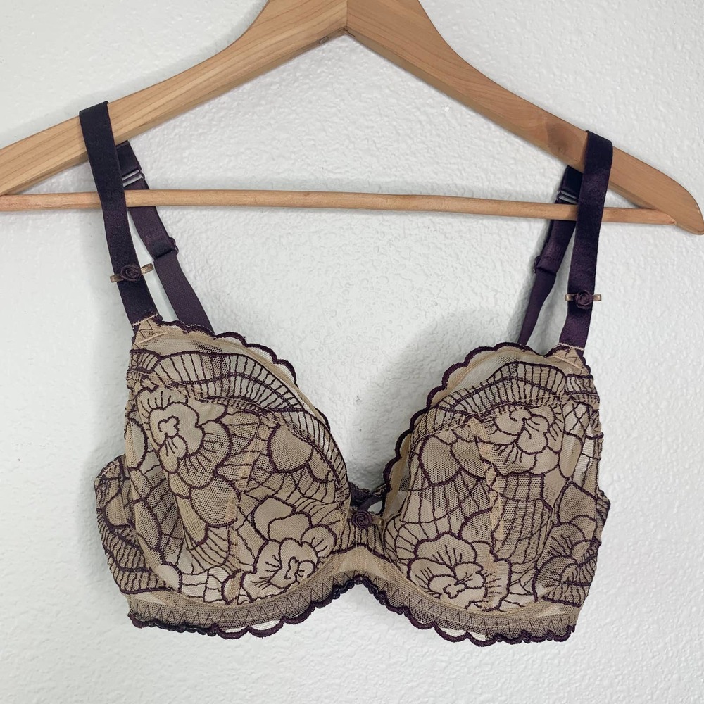 Elixir Nude Tan Plum Purple Sheer Floral Lingerie Bra Women's Size 32DD